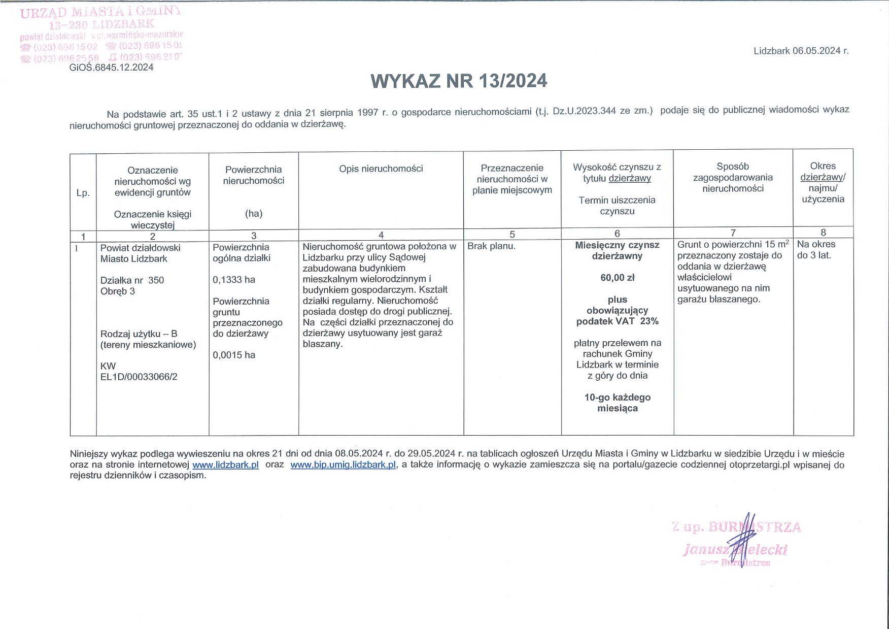 Wykaz Nr 13/2024 - Nieruchomość gruntowa do dzierżawy - Lidzbark, ul. Sądowa dz. nr 350 obr. 3